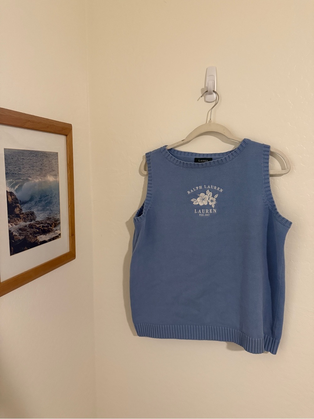 Vintage HTF Lauren Ralph Lauren Coastal Sweater Vest Blue White Hibiscus - Picture 5 of 5